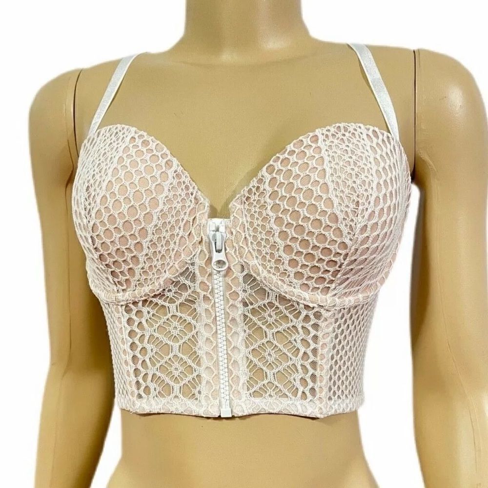 Victoria’s Secret Longline Lightly Lined Demi Fishnet Zip Up Bra white / beige
